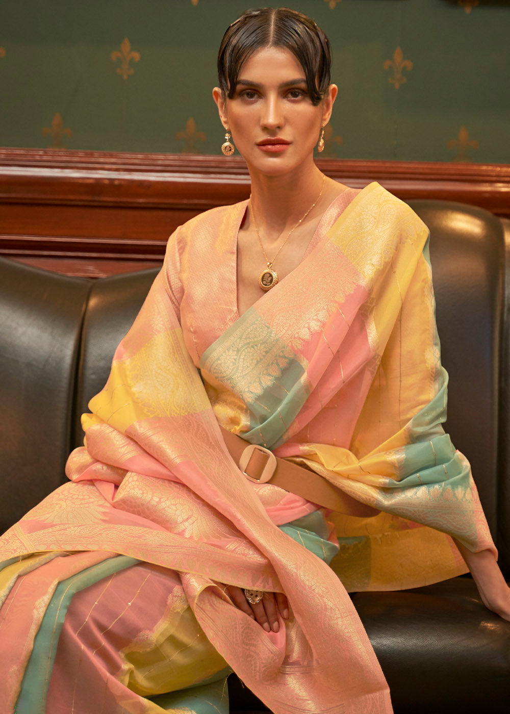 Yellow & Pink Woven Organza Silk Saree