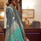 Lead Grey Woven Chanderi Banarasi Fusion Silk Saree