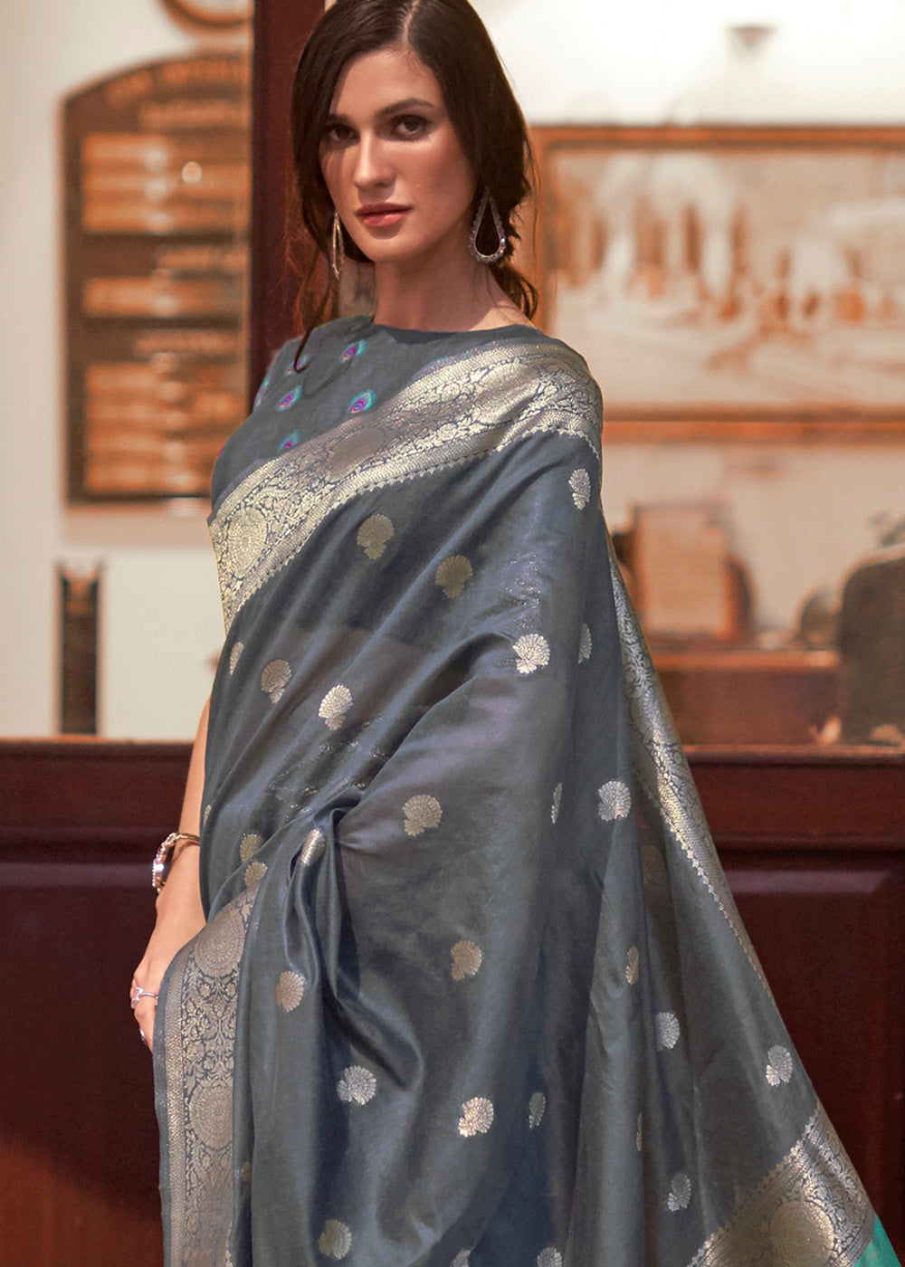 Lead Grey Woven Chanderi Banarasi Fusion Silk Saree