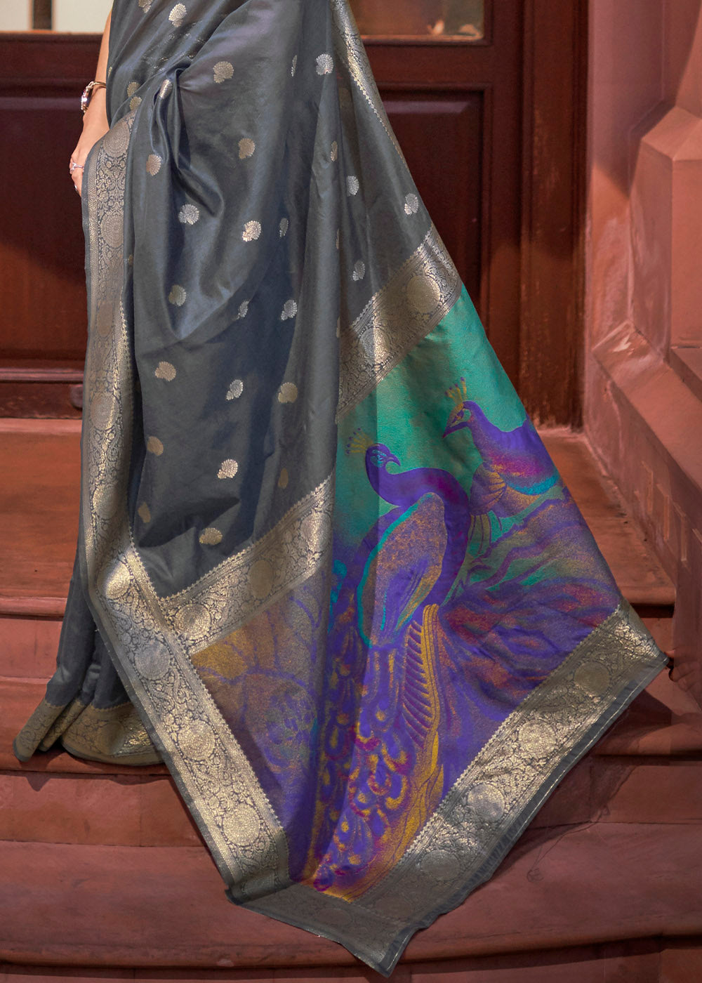 Lead Grey Woven Chanderi Banarasi Fusion Silk Saree