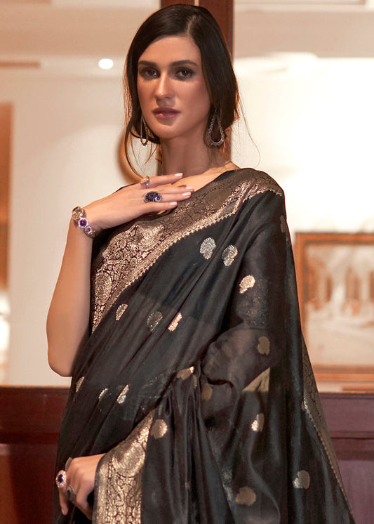 Midnight Black Woven Chanderi Banarasi Fusion Silk Saree