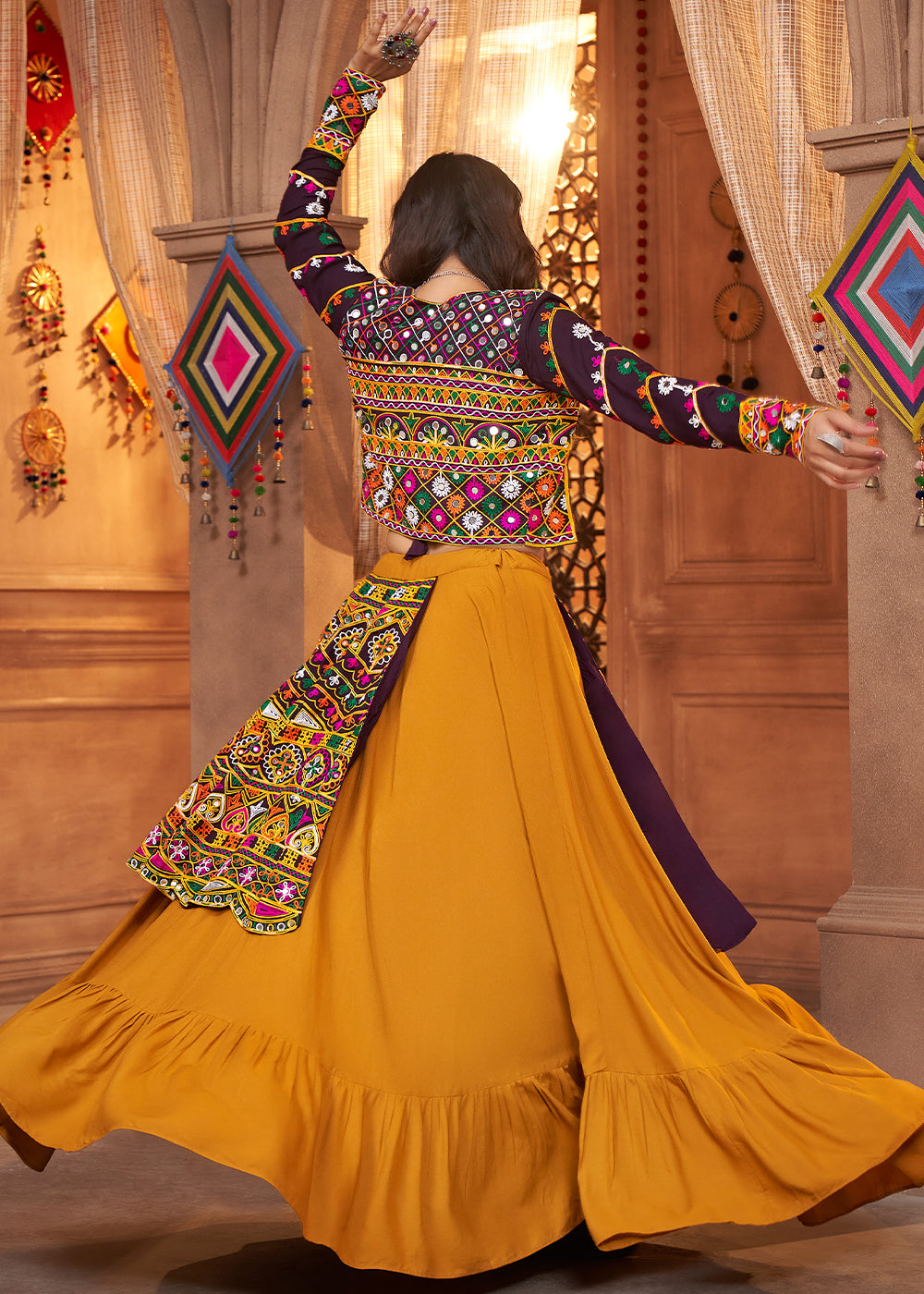 Mustard Yellow Viscose Rayon Lehenga Choli with  Koti Having Thread Embroidery & Mirror work: Navratri Special