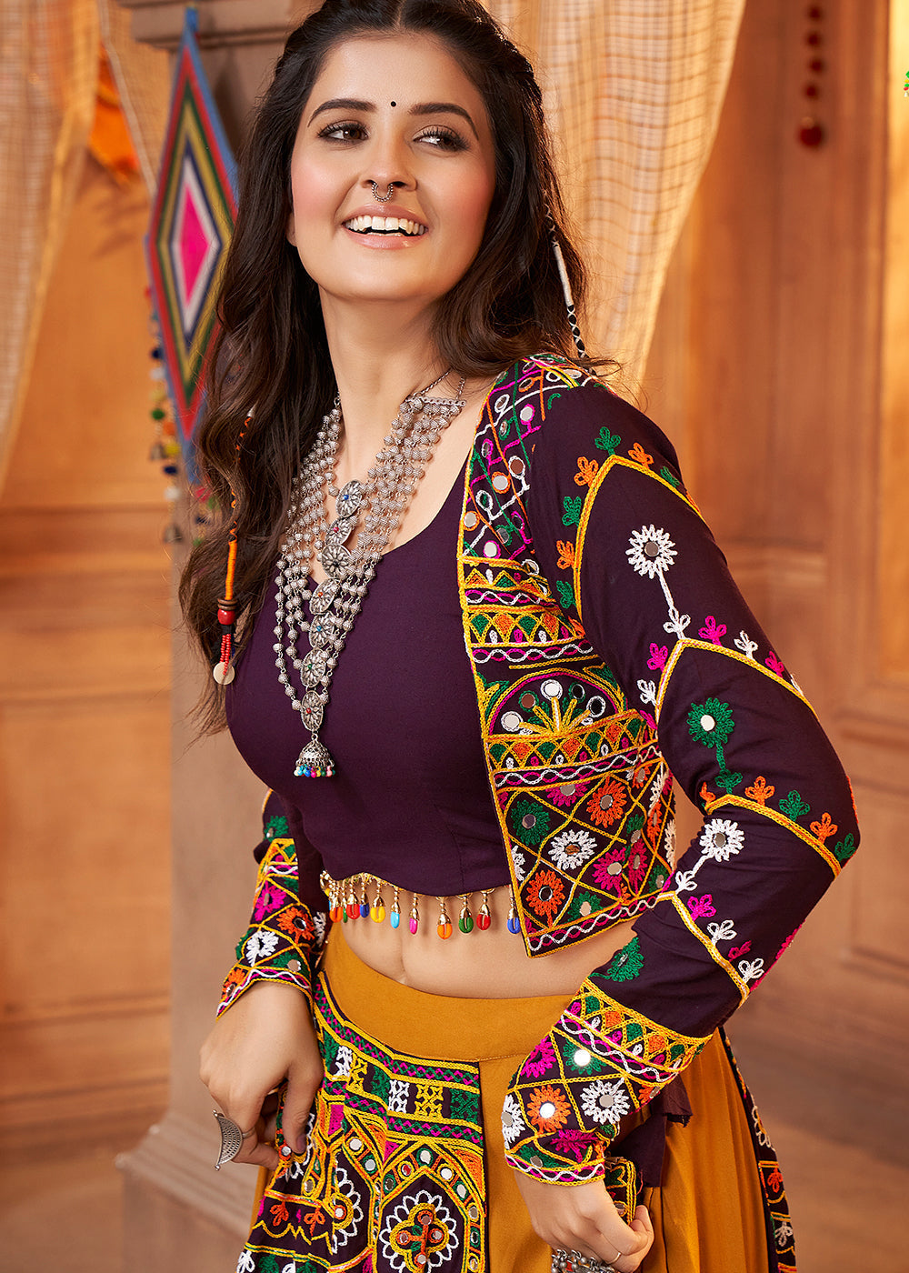Mustard Yellow Viscose Rayon Lehenga Choli with  Koti Having Thread Embroidery & Mirror work: Navratri Special