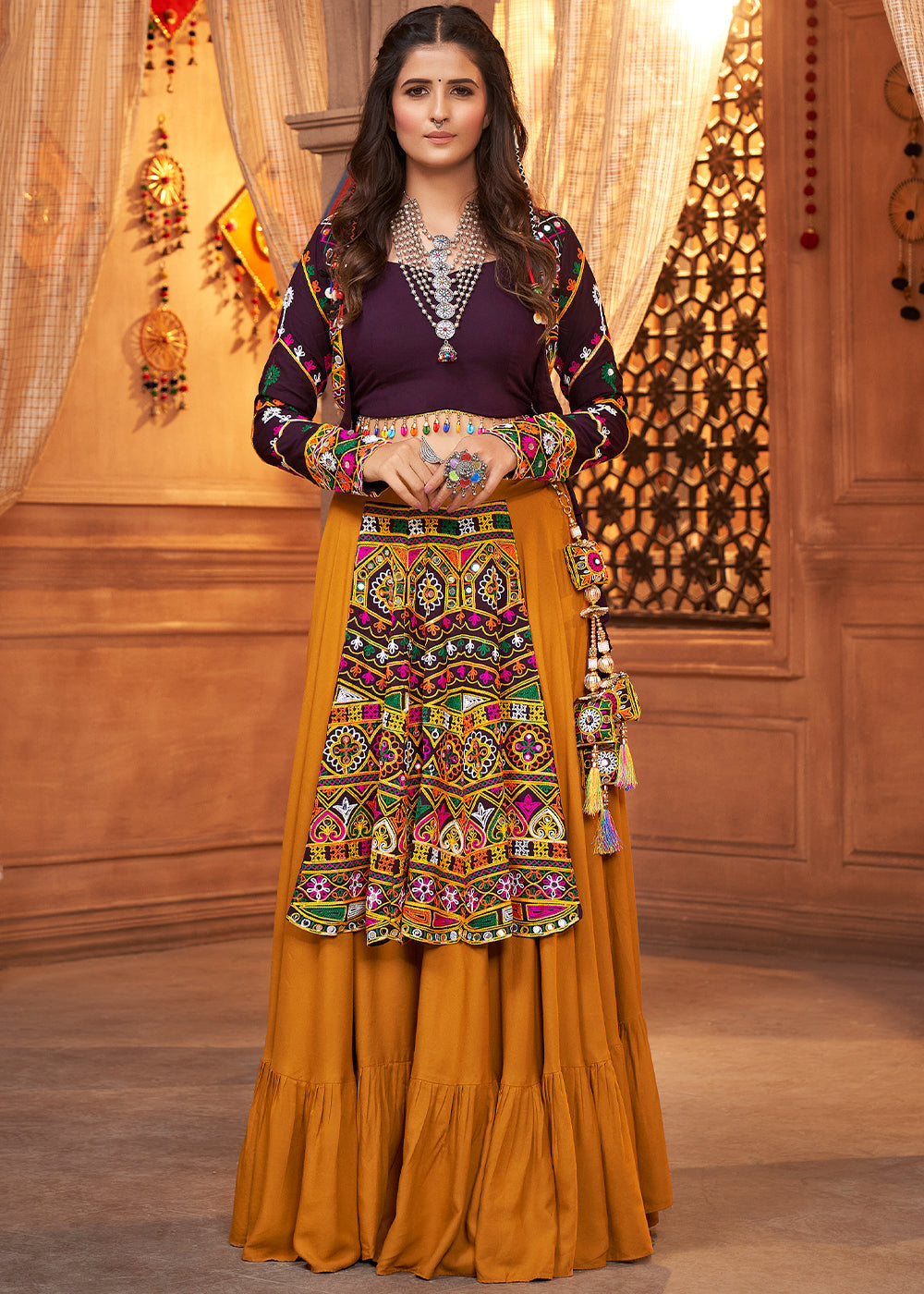 Mustard Yellow Viscose Rayon Lehenga Choli with  Koti Having Thread Embroidery & Mirror work: Navratri Special