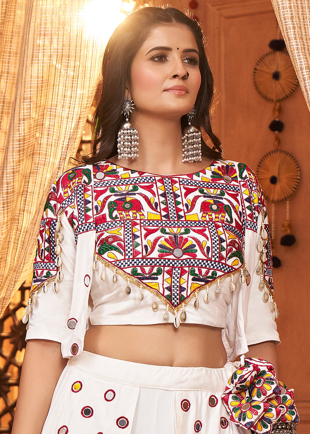 Pearl White Viscose Rayon Lehenga Choli with  Koti Having Thread Embroidery & Mirror work: Navratri Special