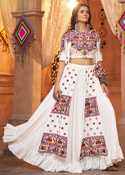 Pearl White Viscose Rayon Lehenga Choli with  Koti Having Thread Embroidery & Mirror work: Navratri Special