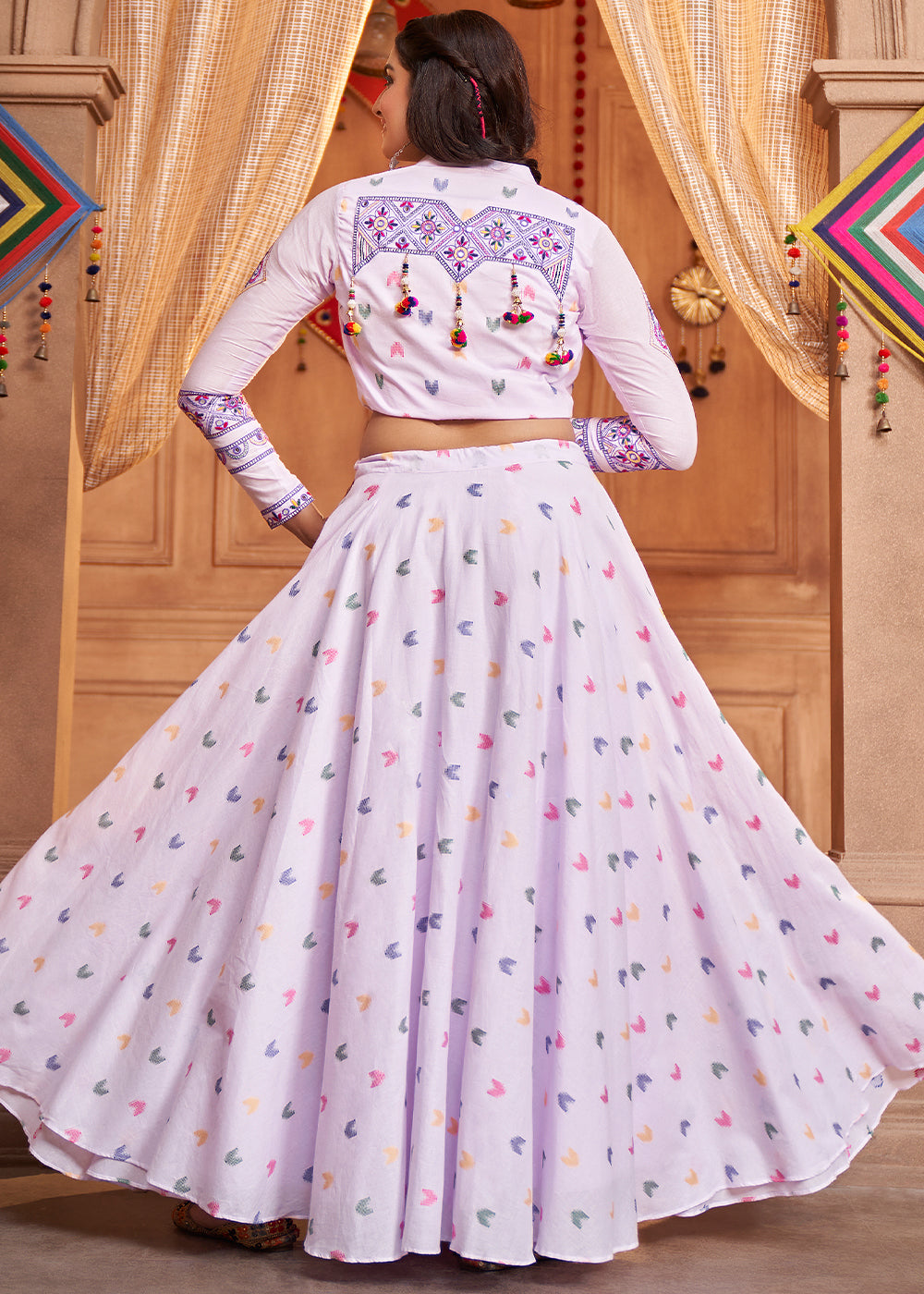 Lavender Purple Cotton Lehenga Choli with  Koti Having Thread Embroidery & Mirror work: Navratri Special