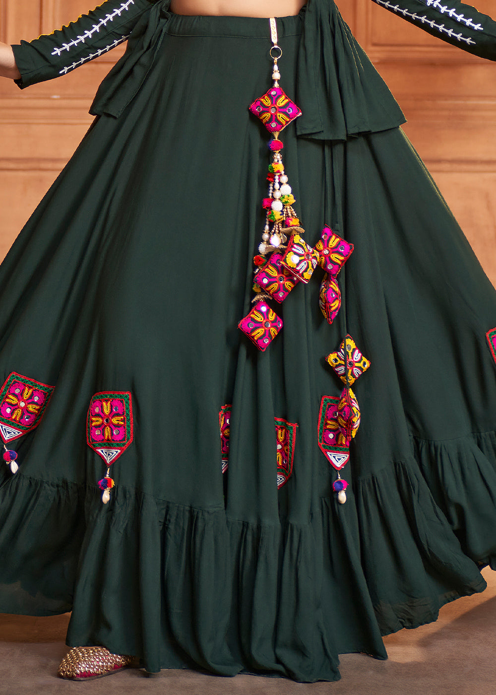 Sacramento Green Viscose Rayon Lehenga Choli with  Koti Having Thread Embroidery & Mirror work: Navratri Special
