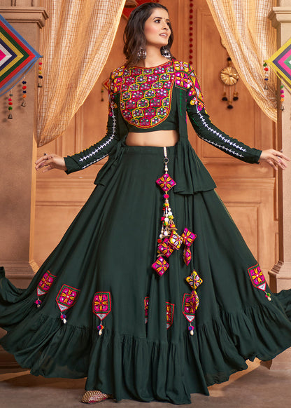 Sacramento Green Viscose Rayon Lehenga Choli with  Koti Having Thread Embroidery & Mirror work: Navratri Special