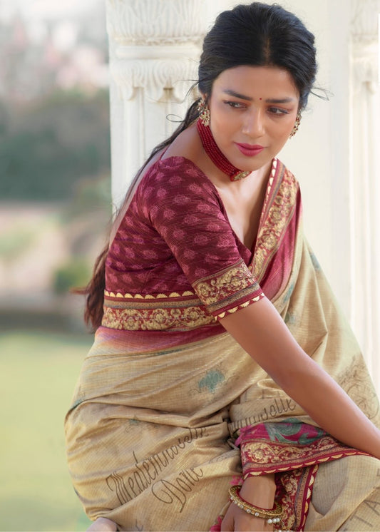 Wheat Brown Floral Digital Print Silk Saree