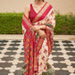 White & Red Patola Silk Saree with Zari Border & Tassels On Pallu