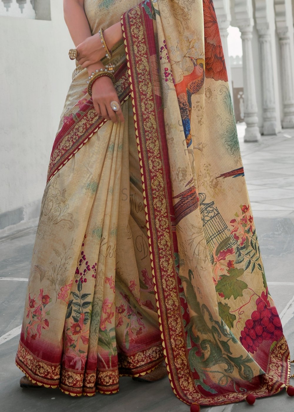 Wheat Brown Floral Digital Print Silk Saree
