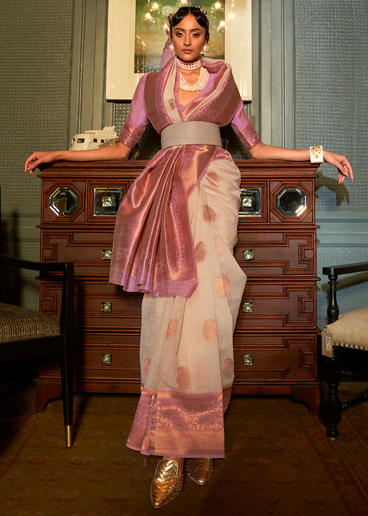 Beige Brown Copper Zari Woven Linen Silk Saree