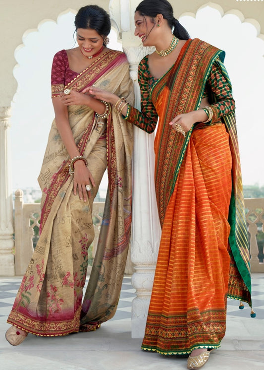 Wheat Brown Floral Digital Print Silk Saree