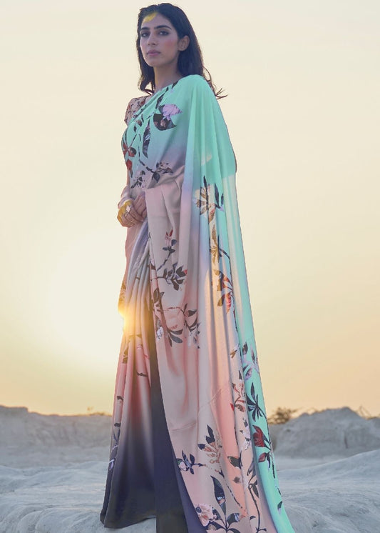 Arctic Blue and Pink Digital Printed Crepe Silk Saree: Top Pick