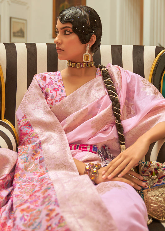 Baby Pink Handloom Woven Silk Saree with Kashmiri Pallu
