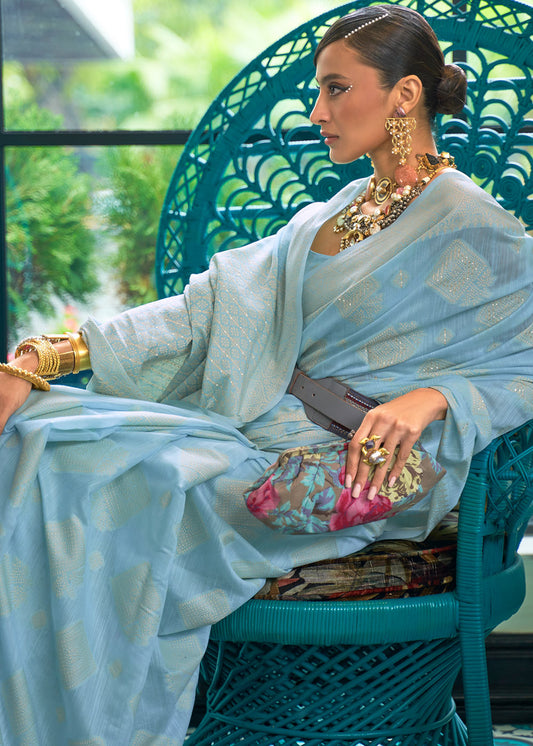 Baby Blue Chikankari Weaving Silk Saree with Sequins work
