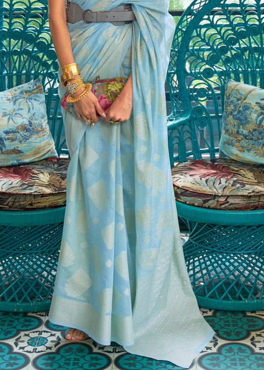 Baby Blue Chikankari Weaving Silk Saree with Sequins work