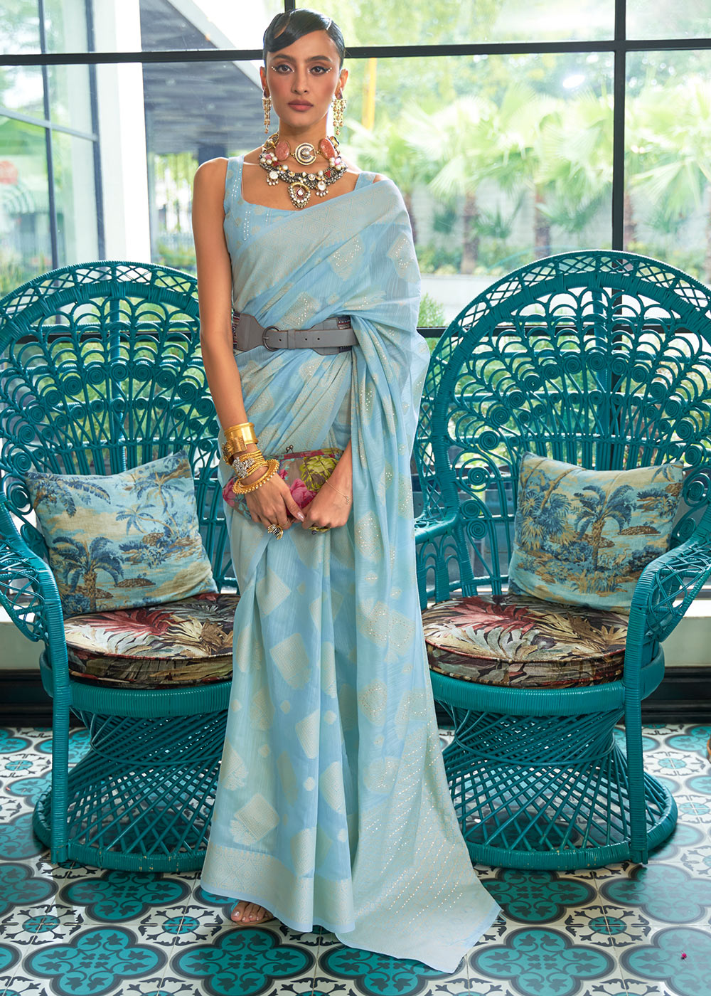 Baby Blue Chikankari Weaving Silk Saree with Sequins work