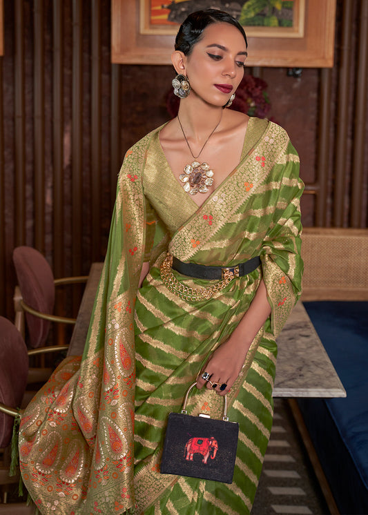 Avocado Green Two Tone Meenakari Weaving Organza Silk Saree