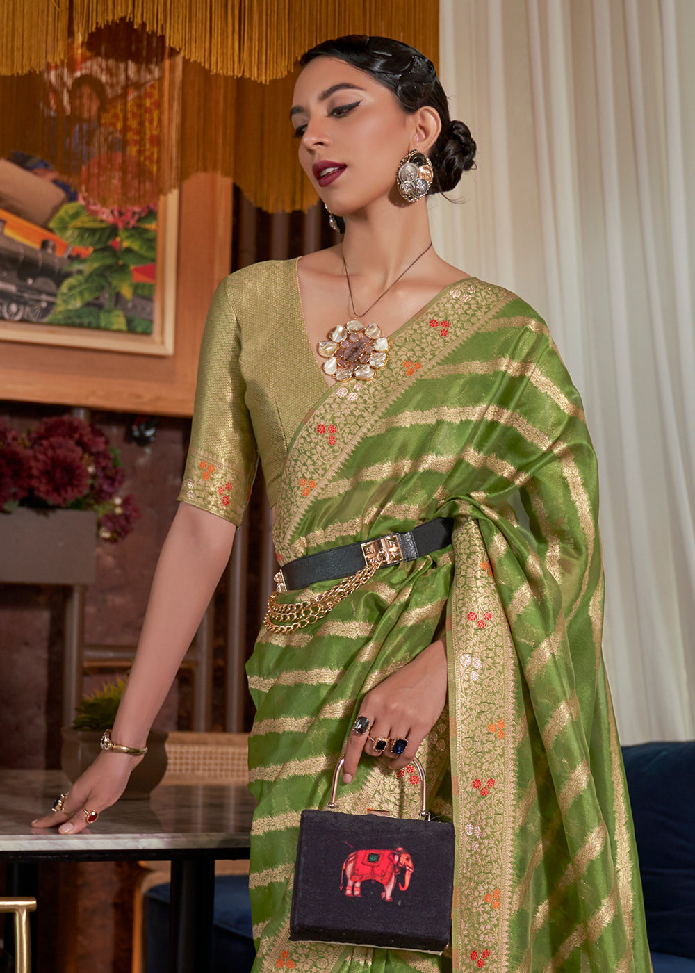 Avocado Green Two Tone Meenakari Weaving Organza Silk Saree
