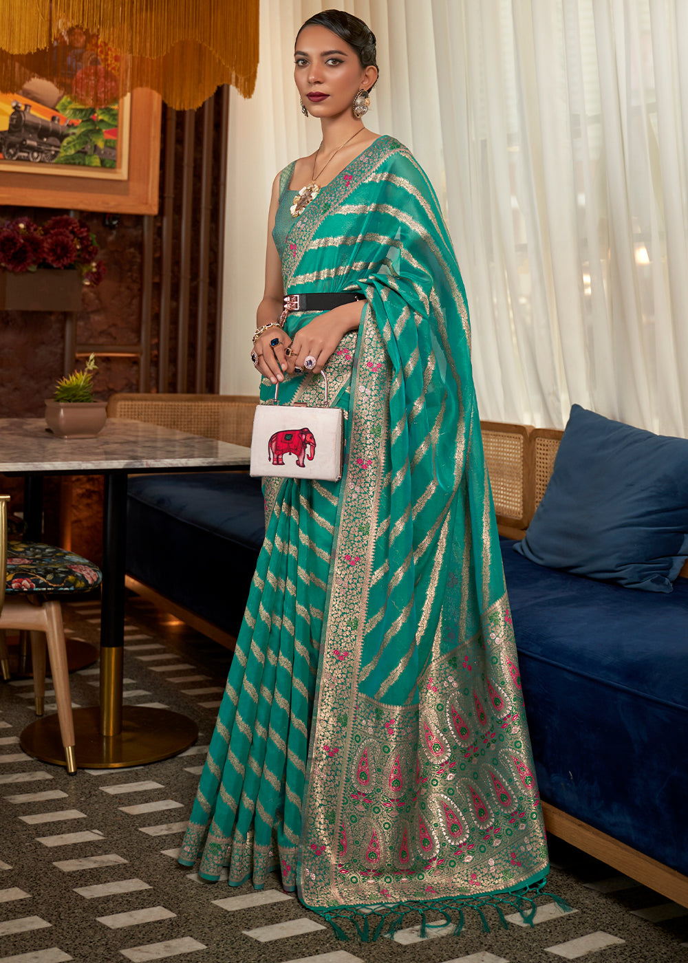Turquoise Green Two Tone Meenakari Weaving Organza Silk Saree