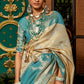 White & Blue Zari Woven Silk Saree with Tassels on Pallu