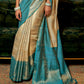 White & Blue Zari Woven Silk Saree with Tassels on Pallu