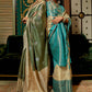 White & Blue Zari Woven Silk Saree with Tassels on Pallu