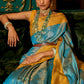 Yellow & Blue Zari Woven Silk Saree with Tassels on Pallu