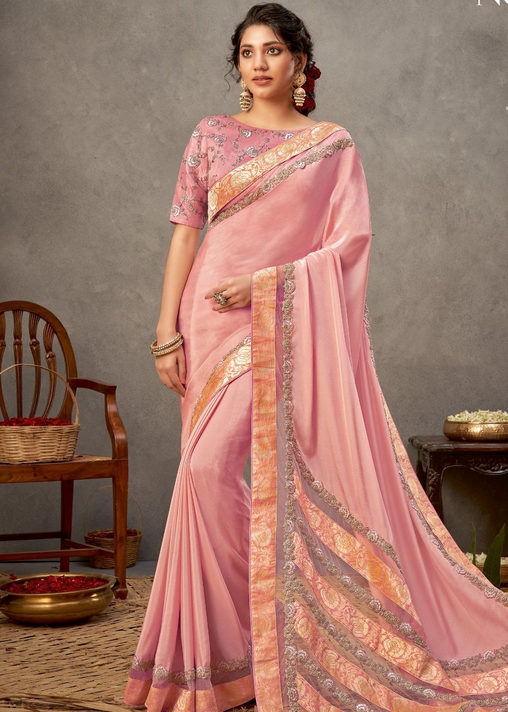 Lemonade Pink Satin Silk Saree with Resham & Cord Embroidery