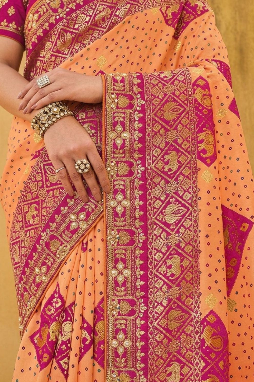 Orange Purple Designer Dola Silk Saree with Embroidered Weaving Border