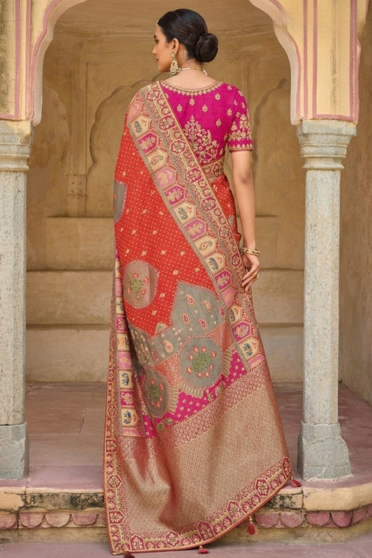 Imperial Red Designer Dola Silk Saree with Embroidered Weaving Border