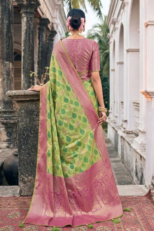 Bright Green Organza Woven Saree with Blouse Piece Elegant