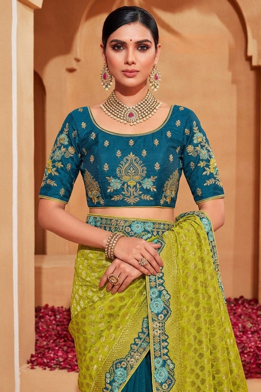 Olive Teal Silk Half N Half Saree Elegant Designer Party Wear
