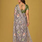 Grey Floral Organza Brasso Saree with Olive Green Silk Blouse Elegant