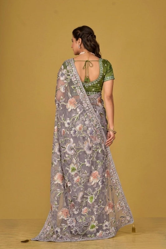 Grey Floral Organza Brasso Saree with Olive Green Silk Blouse Elegant