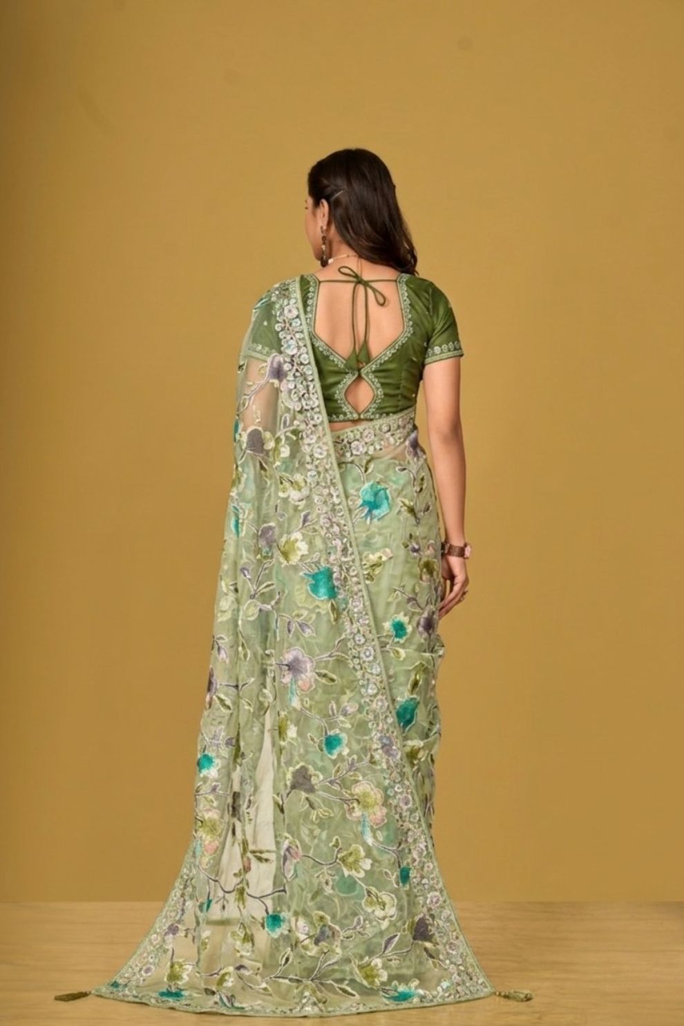 Light Green Floral Organza Brasso Saree Elegant Festive Party Wear Look