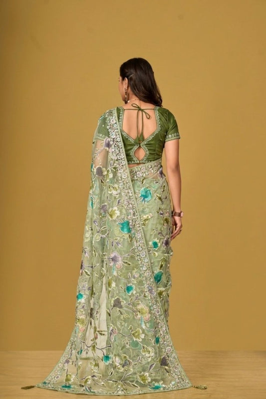 Light Green Floral Organza Brasso Saree Elegant Festive Party Wear Look