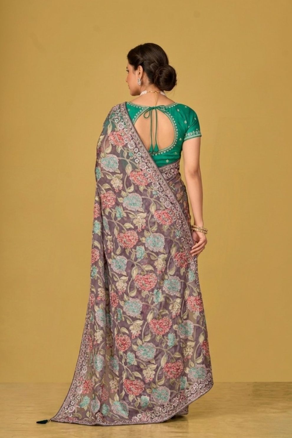 Light Green Floral Organza Brasso Saree with Olive Green Embroidered Blouse