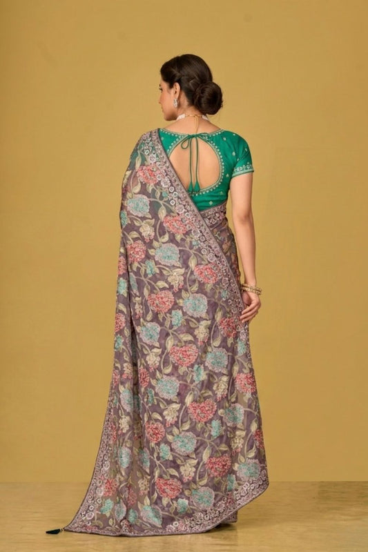 Light Green Floral Organza Brasso Saree with Olive Green Embroidered Blouse