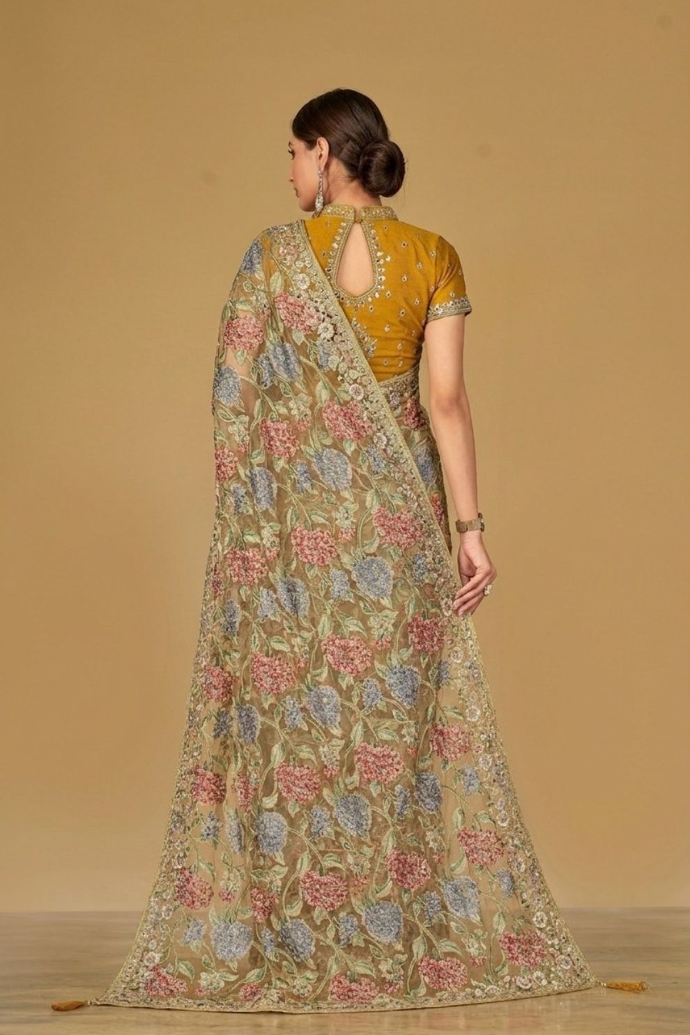 Mustard Olive Floral Organza Brasso Saree Elegant Festive Party Wear