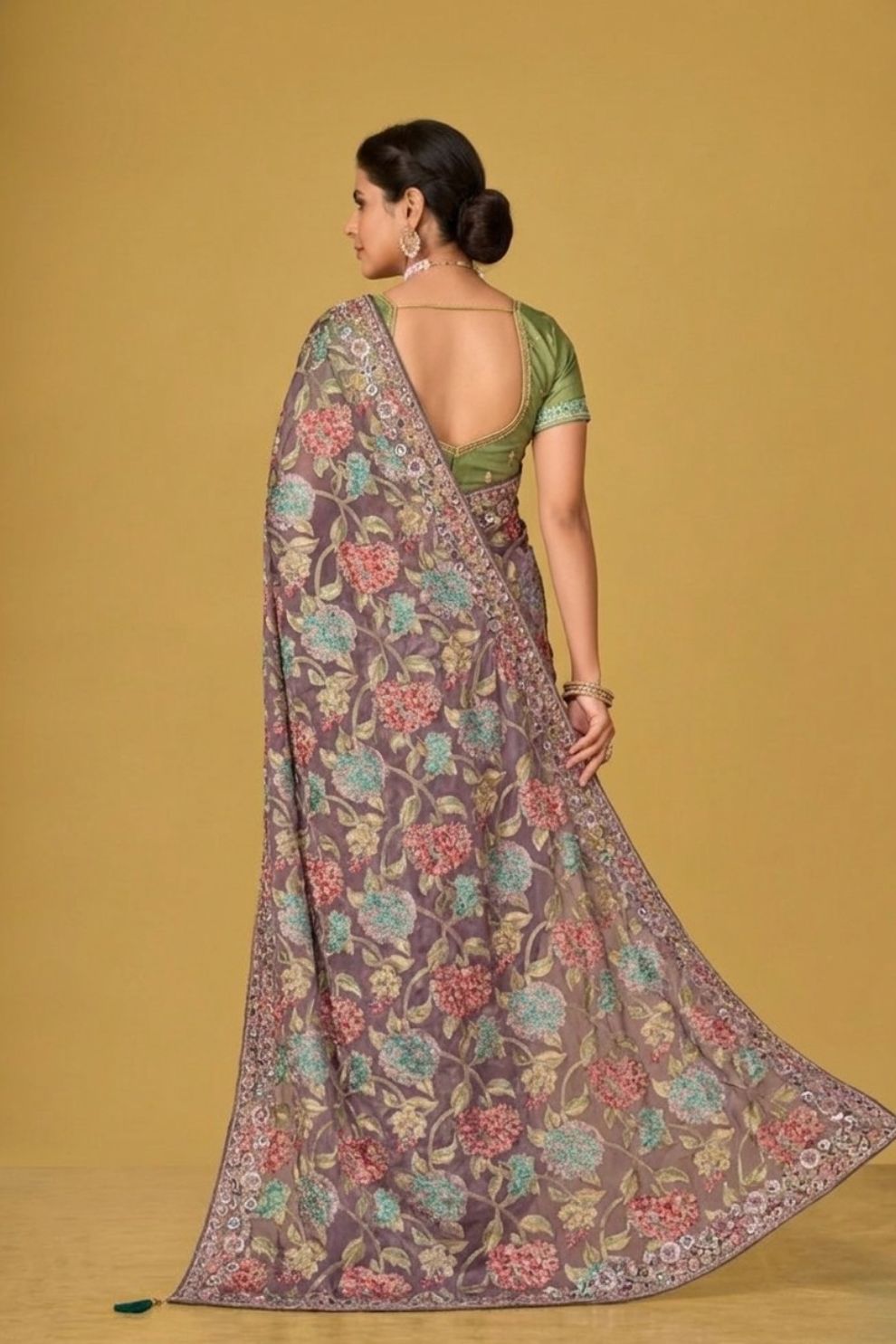 Grey Silk Organza Brasso Printed Saree Elegant Festive Party Wear Look