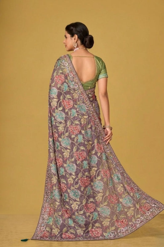 Grey Silk Organza Brasso Printed Saree Elegant Festive Party Wear Look