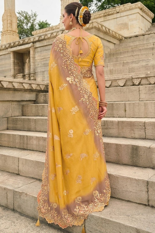 Mustard Yellow Coffee Brown Designer Silk Saree Elegant Party Wear