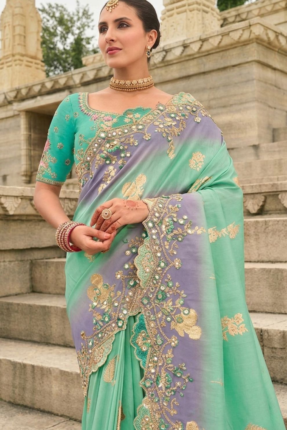 Sea Green Lavender Designer Dola Silk Saree Elegant Party Wear Look