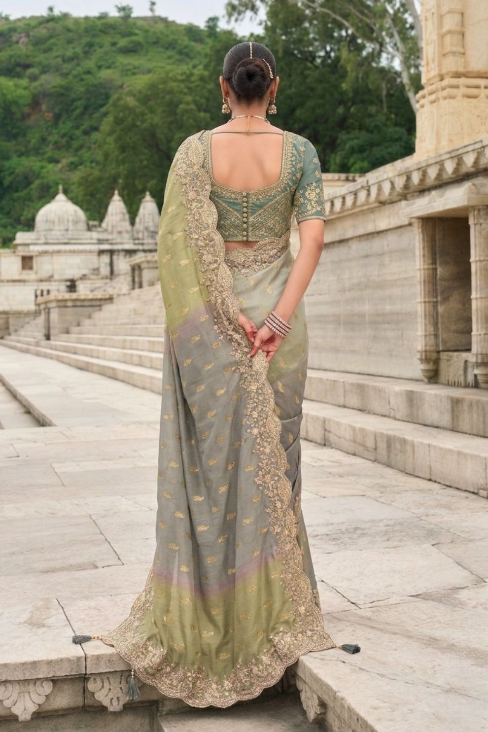 Grey Green Viscose Silk Saree with Cut Work Elegant Party Wear Look