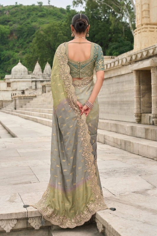 Grey Green Viscose Silk Saree with Cut Work Elegant Party Wear Look