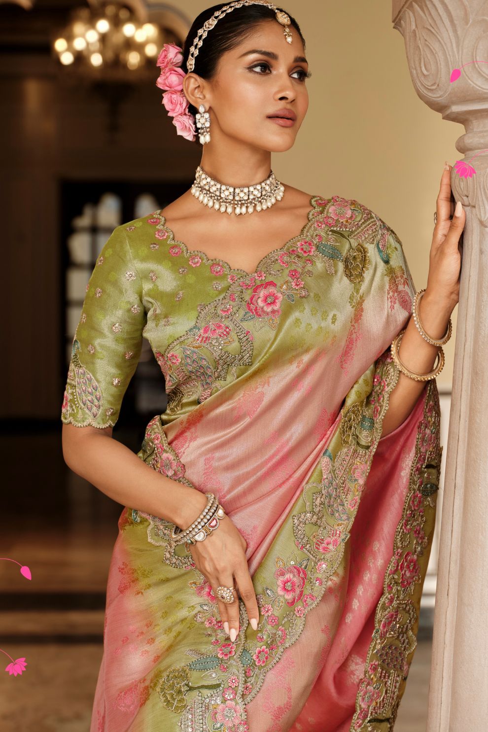 Pastel Pink Olive Green Pure Viscose Jacquard Saree Elegant Festive Wear