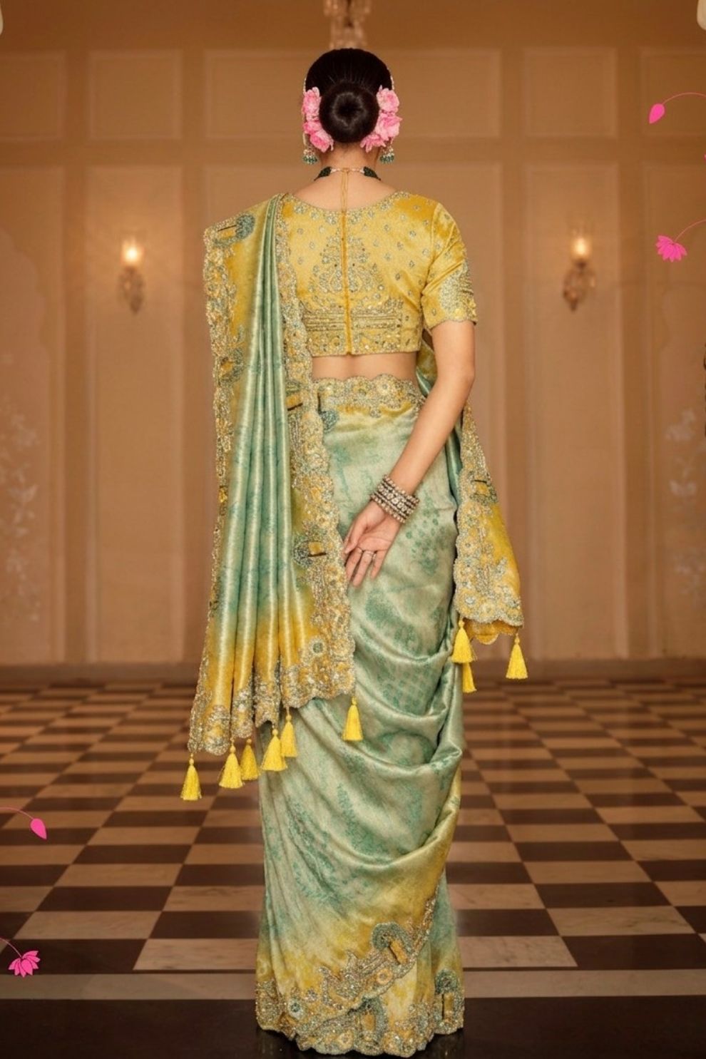 Sage Green Mustard Yellow Silk Blend Saree with Tassel Pallu Elegant